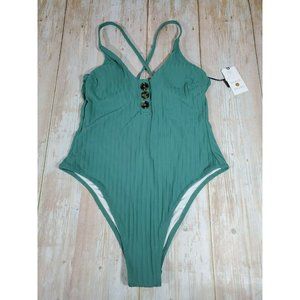 Women's Medium 8/10 Ribbed Button Front One Piece Swimsuit - Shade & Shore Green